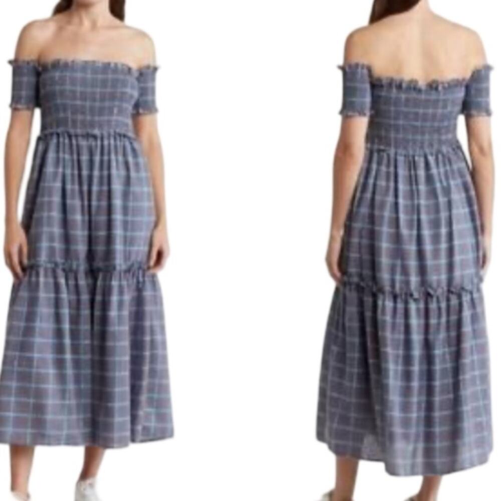 Lumiere Off-Shoulder Blue Plaid Maxi Dress Size S